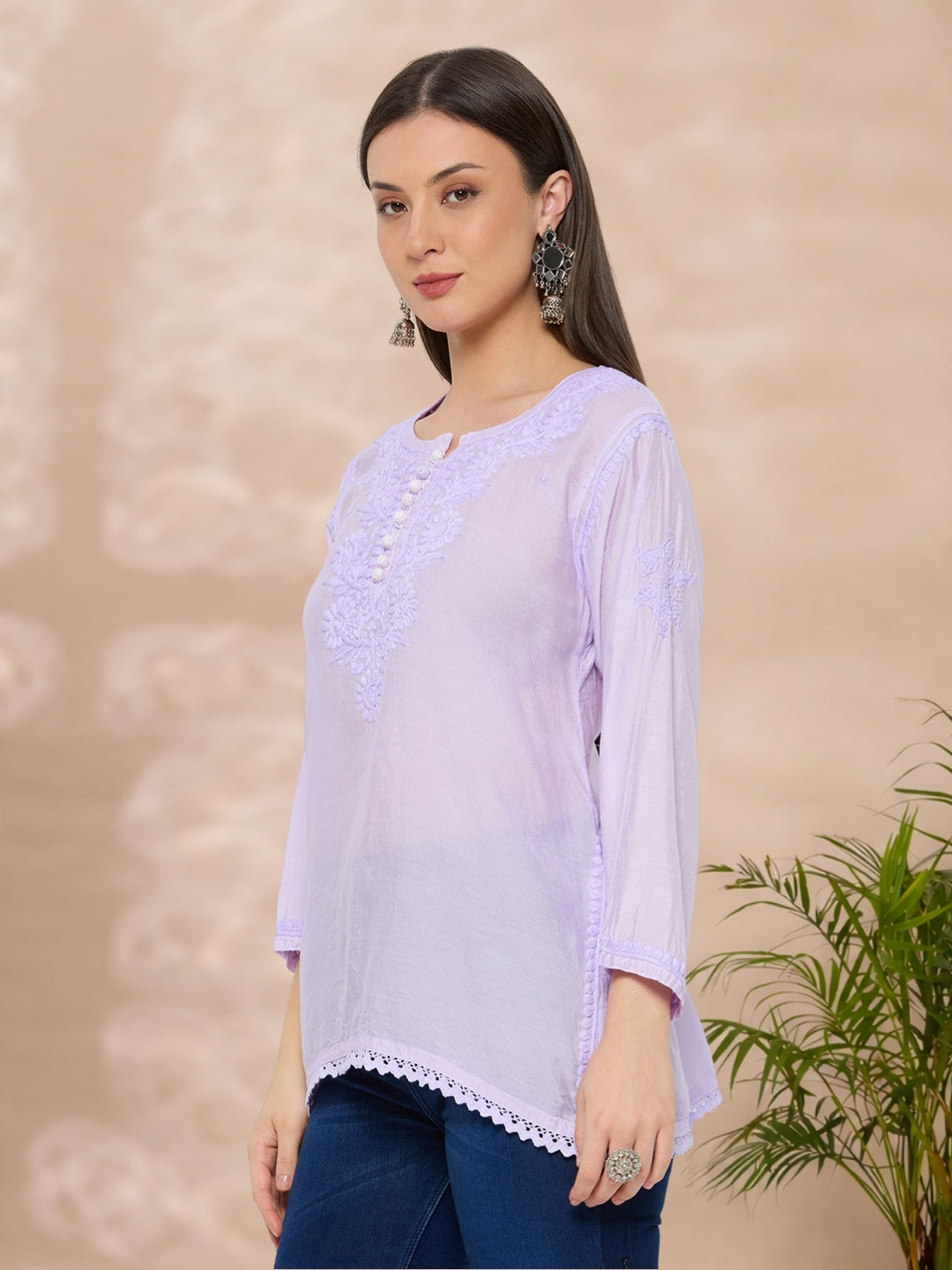 Chanderi Chikankari Solid Women's Short Kurta - Lavendar