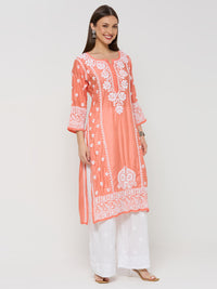 Chanderi Chikankari Solid Women's Long Kurta - Peach