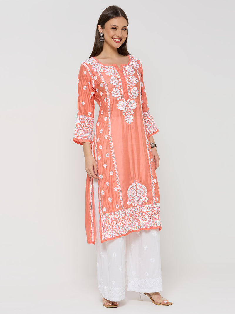 Chanderi Chikankari Solid Women's Long Kurta - Peach