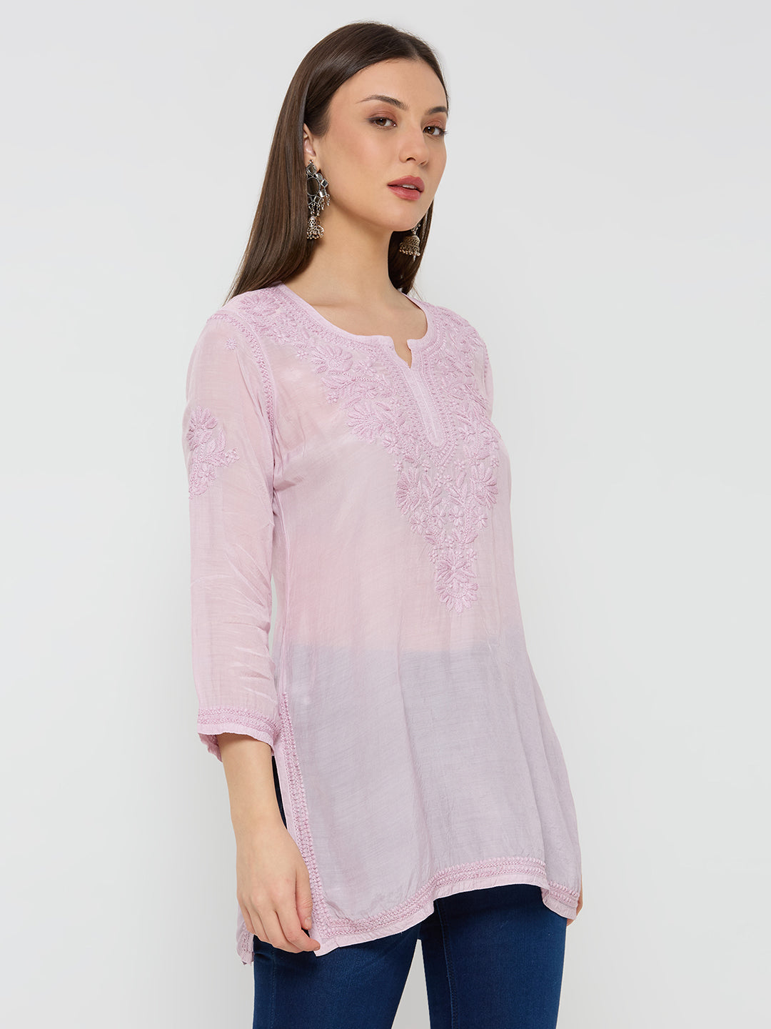 Chanderi Chikankari Solid Women's short- Kurta-Mauve Pink