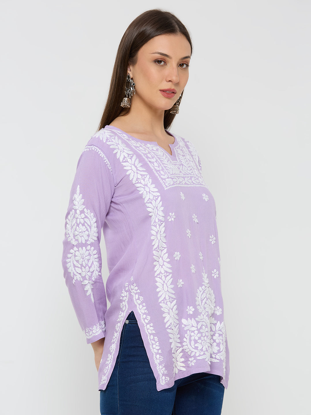 Rayon Chikankari Solid Women's Short Kurta - Lavender