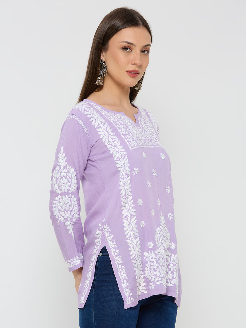 Rayon Chikankari Solid Women's Short Kurta - Lavender
