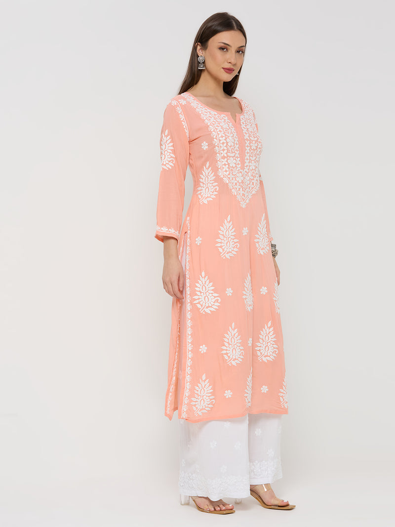 Modal Chikankari Solid Women's Long Kurta - Peach
