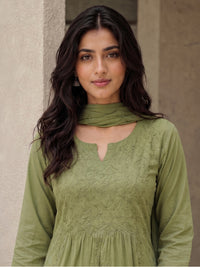 Nyra Mul Cotton 3-Piece Kurta Set with Dupatta - Sage Green