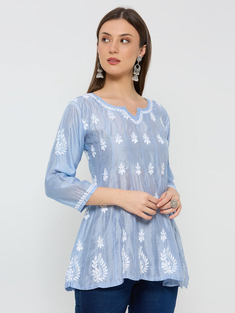 Chanderi Chikankari Solid Women's Short Kurta - Blue