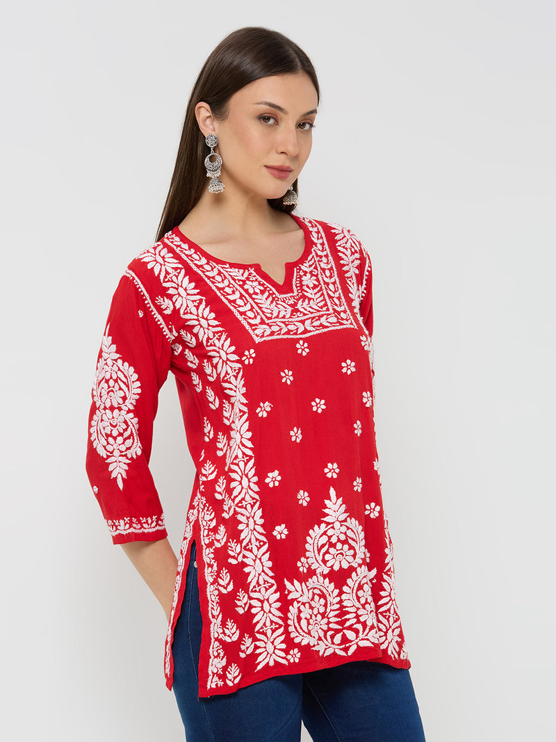 Rayon Chikankari Solid Women's Short Kurta