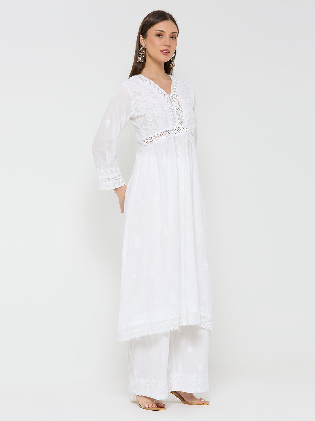 Mul Cotton Chikankari Solid Women's Long Kurta