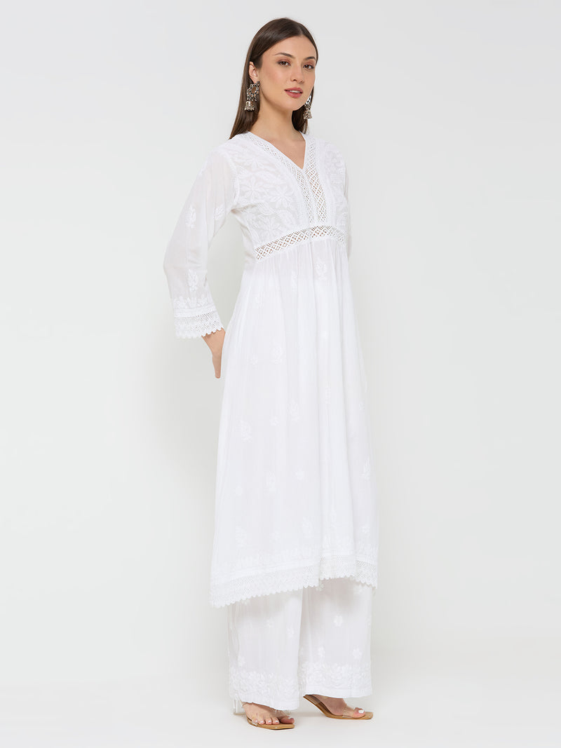 Mul Cotton Chikankari Solid Women's Long Kurta