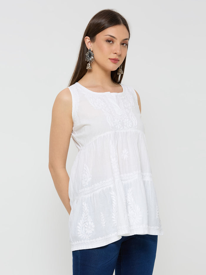 Cotton Chikankari Solid Women's short Kurta - White