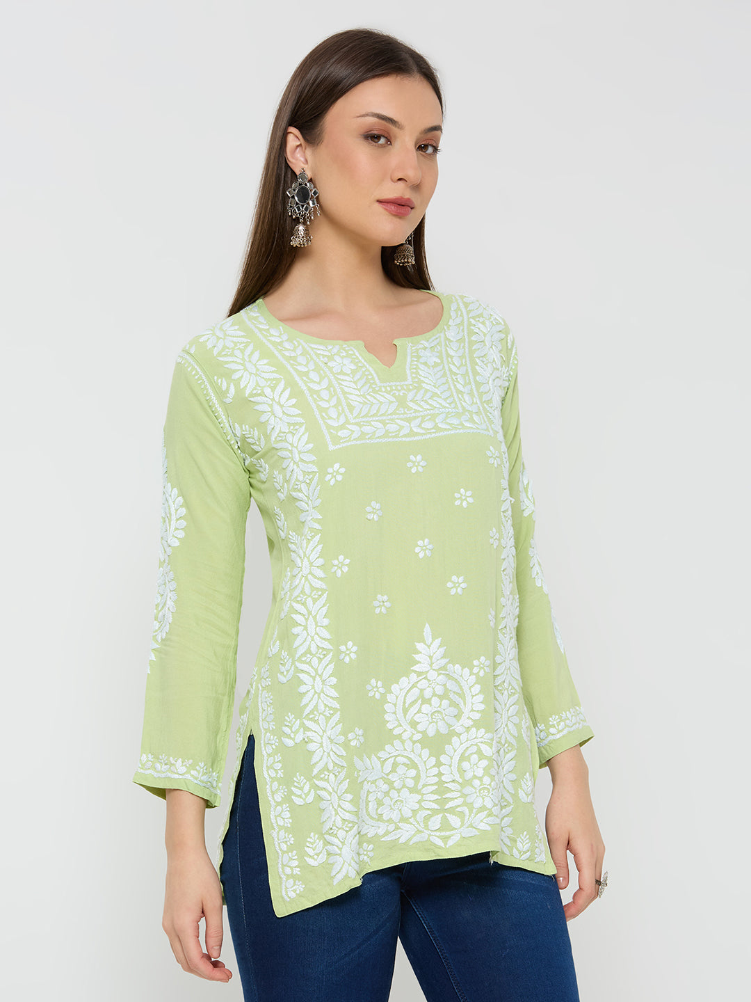 Rayon Chikankari Solid Women's Short Kurta - Green