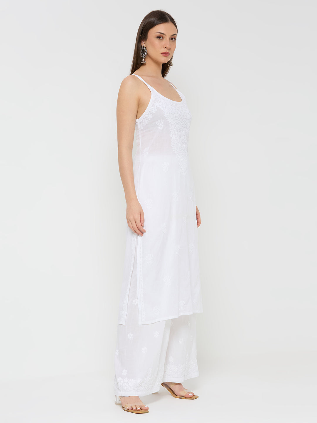 Cotton Chikankari Long Kurta Sleeveless - White