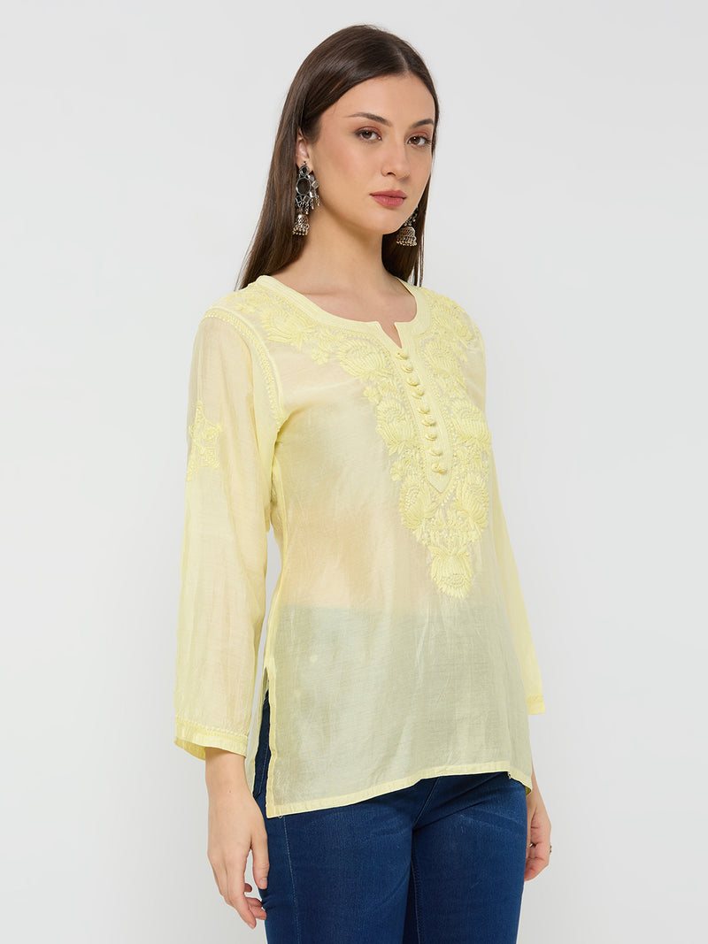 Chanderi Chikankari Solid Women's Short Kurta