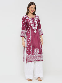 Chanderi Chikankari Solid Women's Long Kurta - Maroon