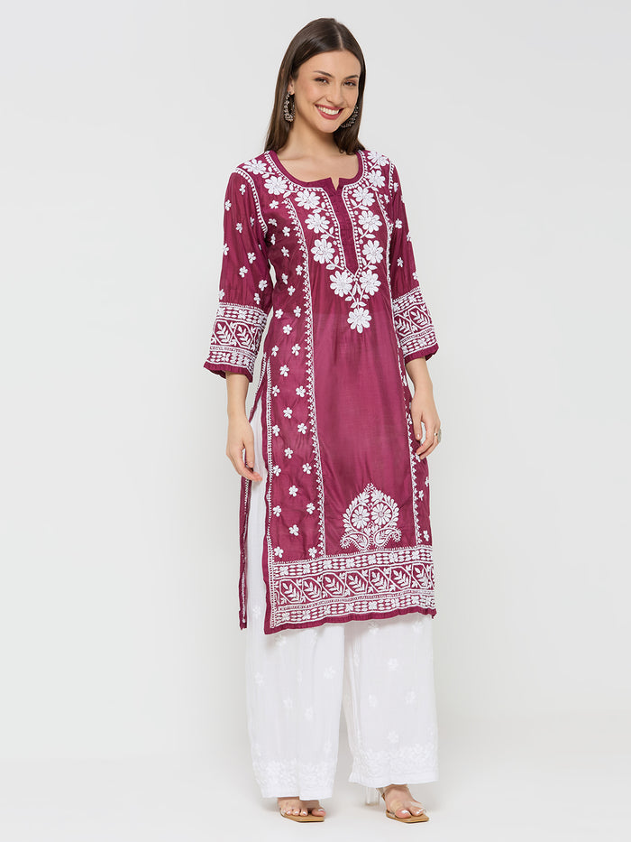 Chanderi Chikankari Solid Women's Long Kurta - Maroon
