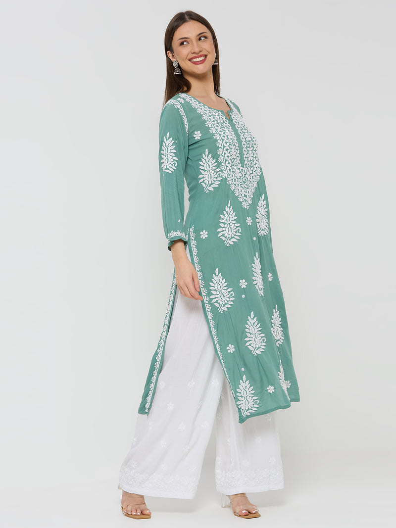 Modal Chikankari Solid Women's Long Kurta - Green