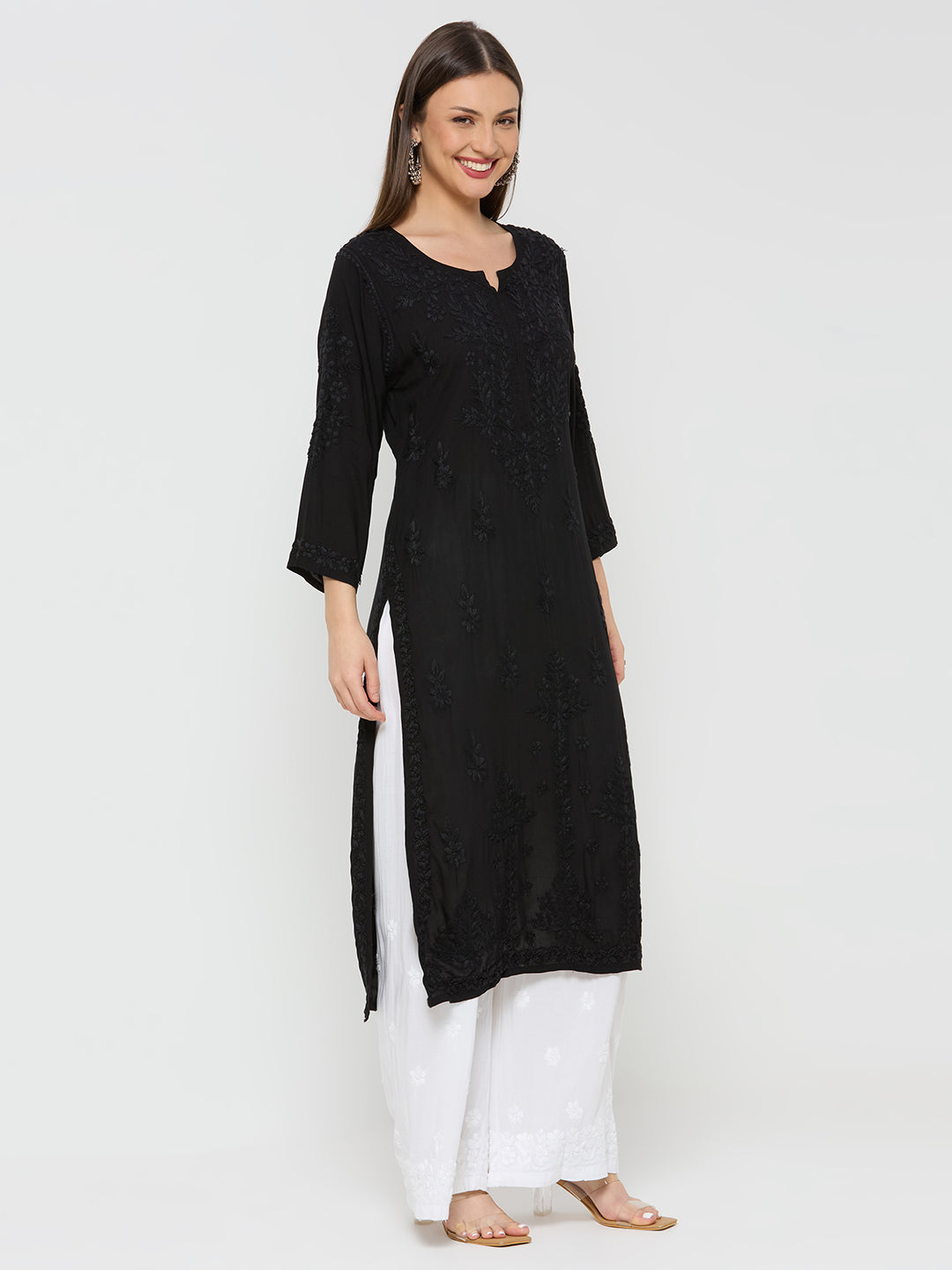 Modal Straight Women Chikankari Kurta - Black