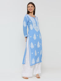 Modal Chikankari Solid Women's Long Kurta - Blue