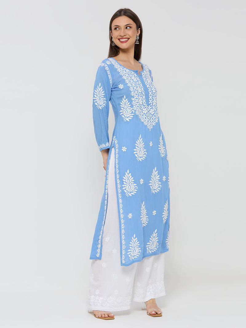Modal Chikankari Solid Women's Long Kurta - Blue