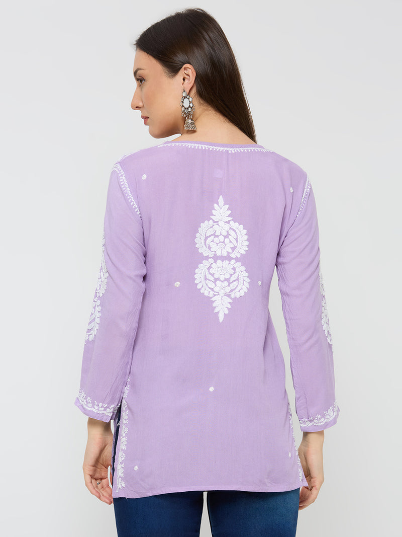 Rayon Chikankari Solid Women's Short Kurta - Lavender