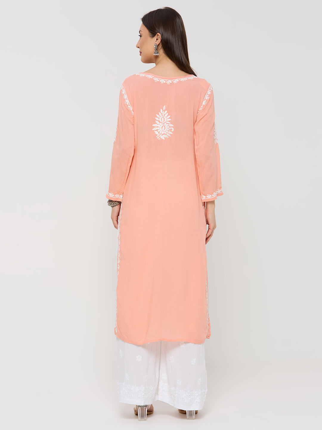 Modal Chikankari Solid Women's Long Kurta - Peach