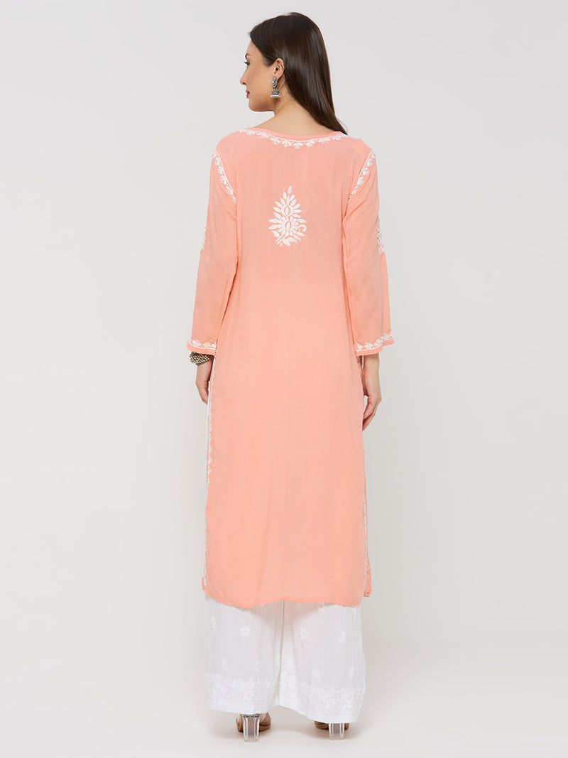 Modal Chikankari Solid Women's Long Kurta - Peach