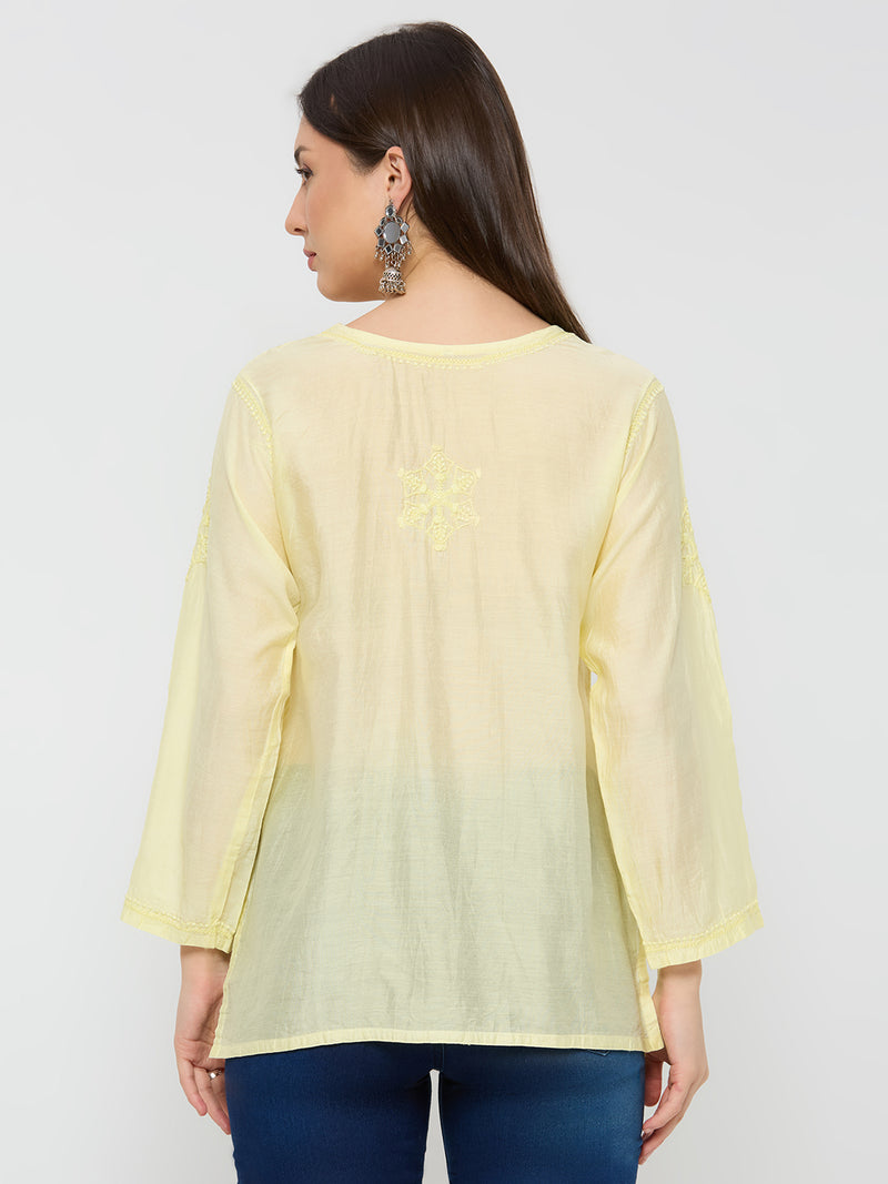 Chanderi Chikankari Solid Women's Short Kurta