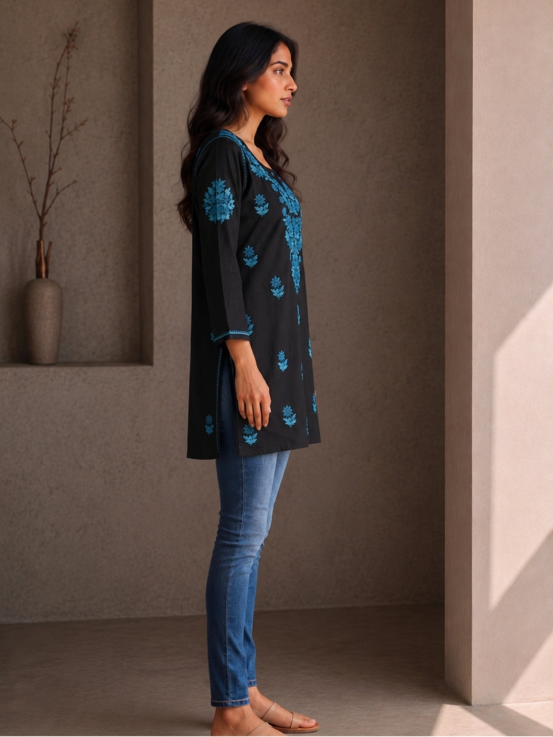 Rayon Chikankari Solid Women's Short Kurta - Black/Blue
