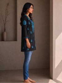 Rayon Chikankari Solid Women's Short Kurta - Black/Blue