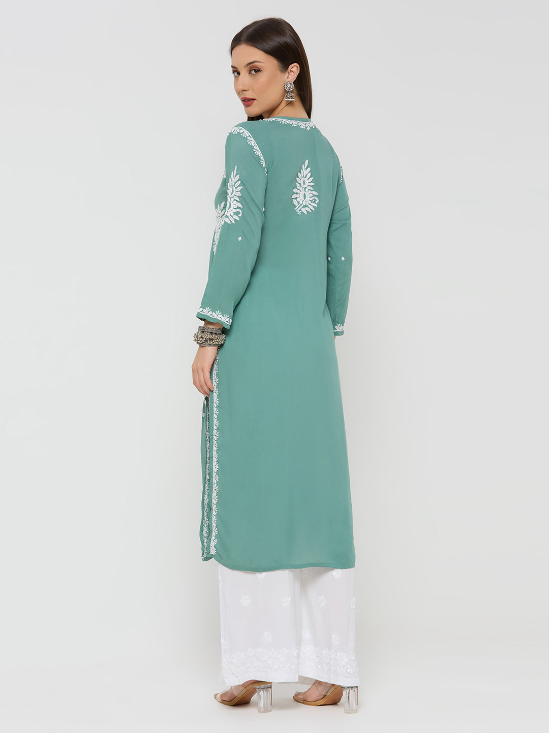 Modal Chikankari Solid Women's Long Kurta - Green