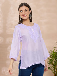 Chanderi Chikankari Solid Women's Short Kurta - Lavendar
