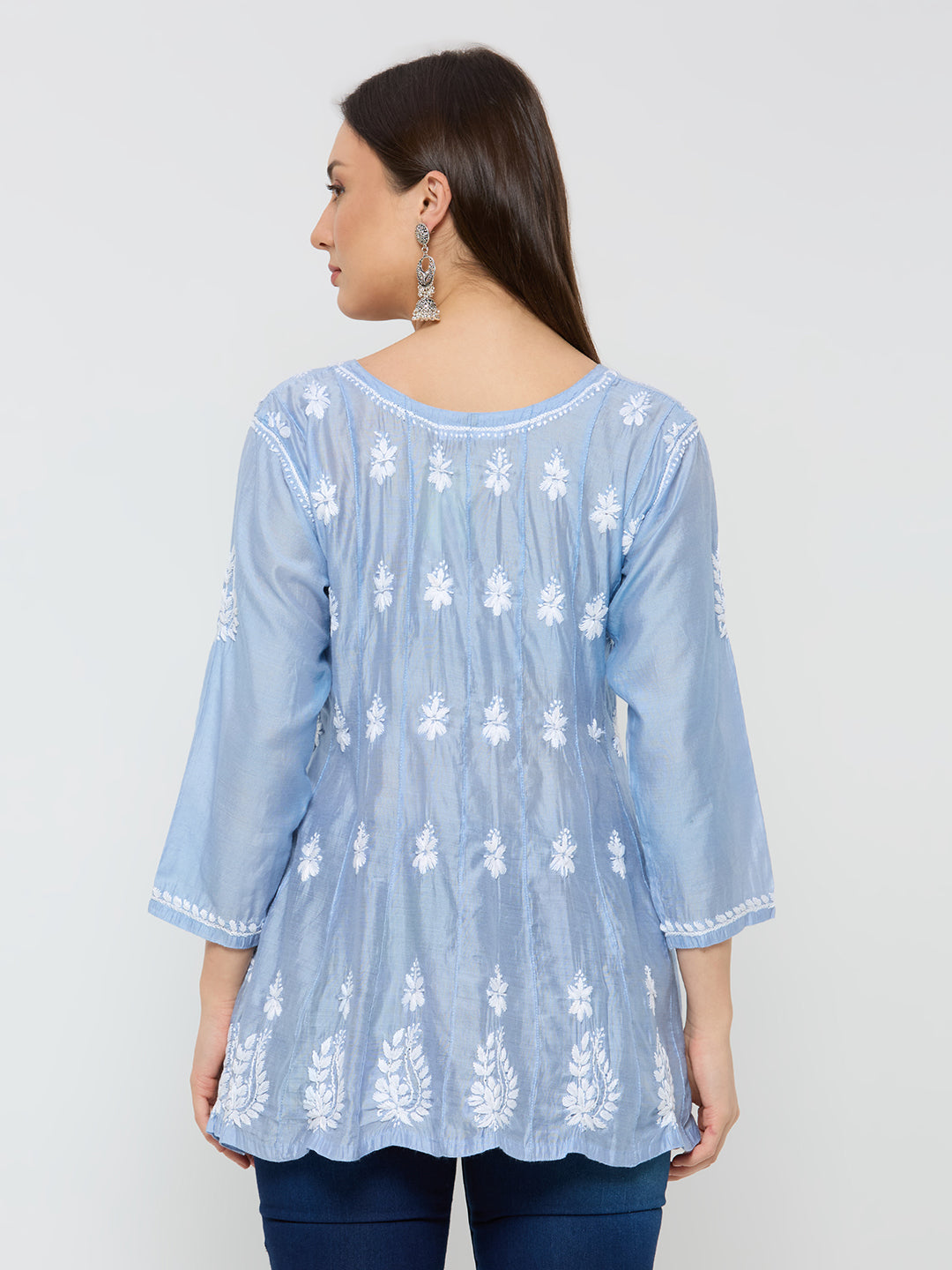 Chanderi Chikankari Solid Women's Short Kurta - Blue