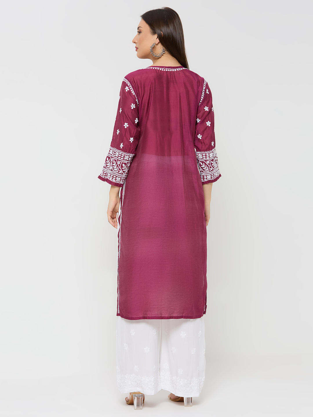 Chanderi Chikankari Solid Women's Long Kurta - Maroon