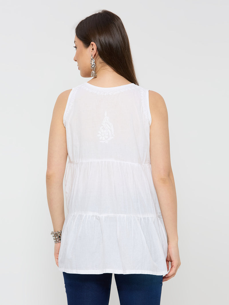 Cotton Chikankari Solid Women's short Kurta - White