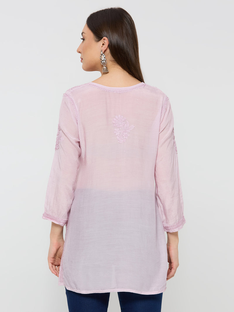 Chanderi Chikankari Solid Women's short- Kurta-Mauve Pink