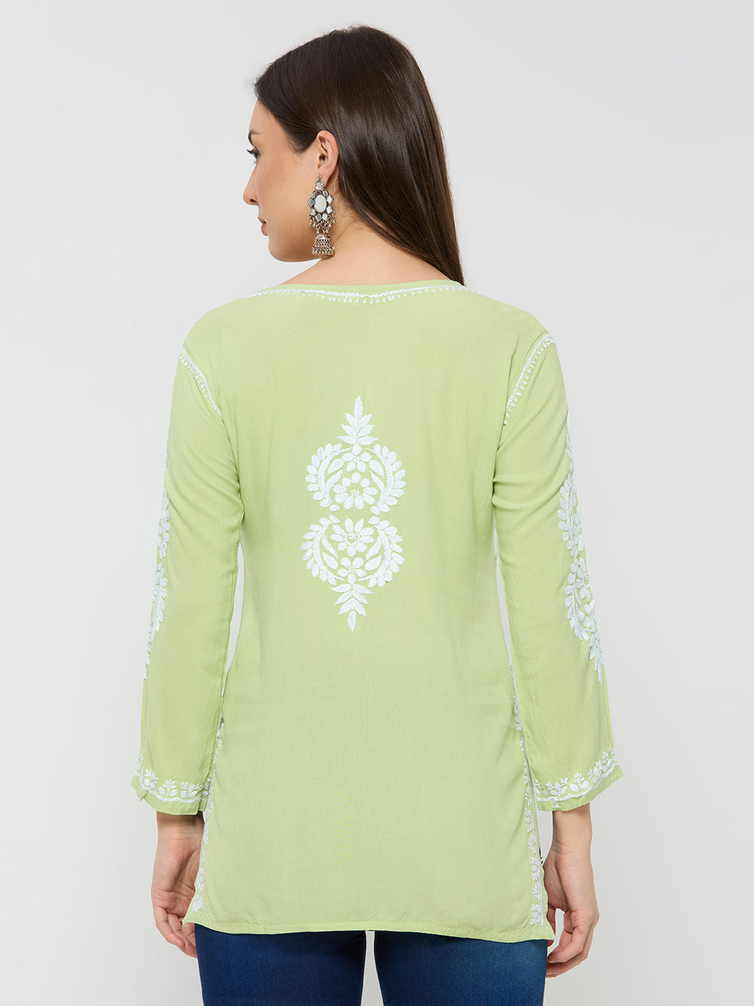 Rayon Chikankari Solid Women's Short Kurta - Green