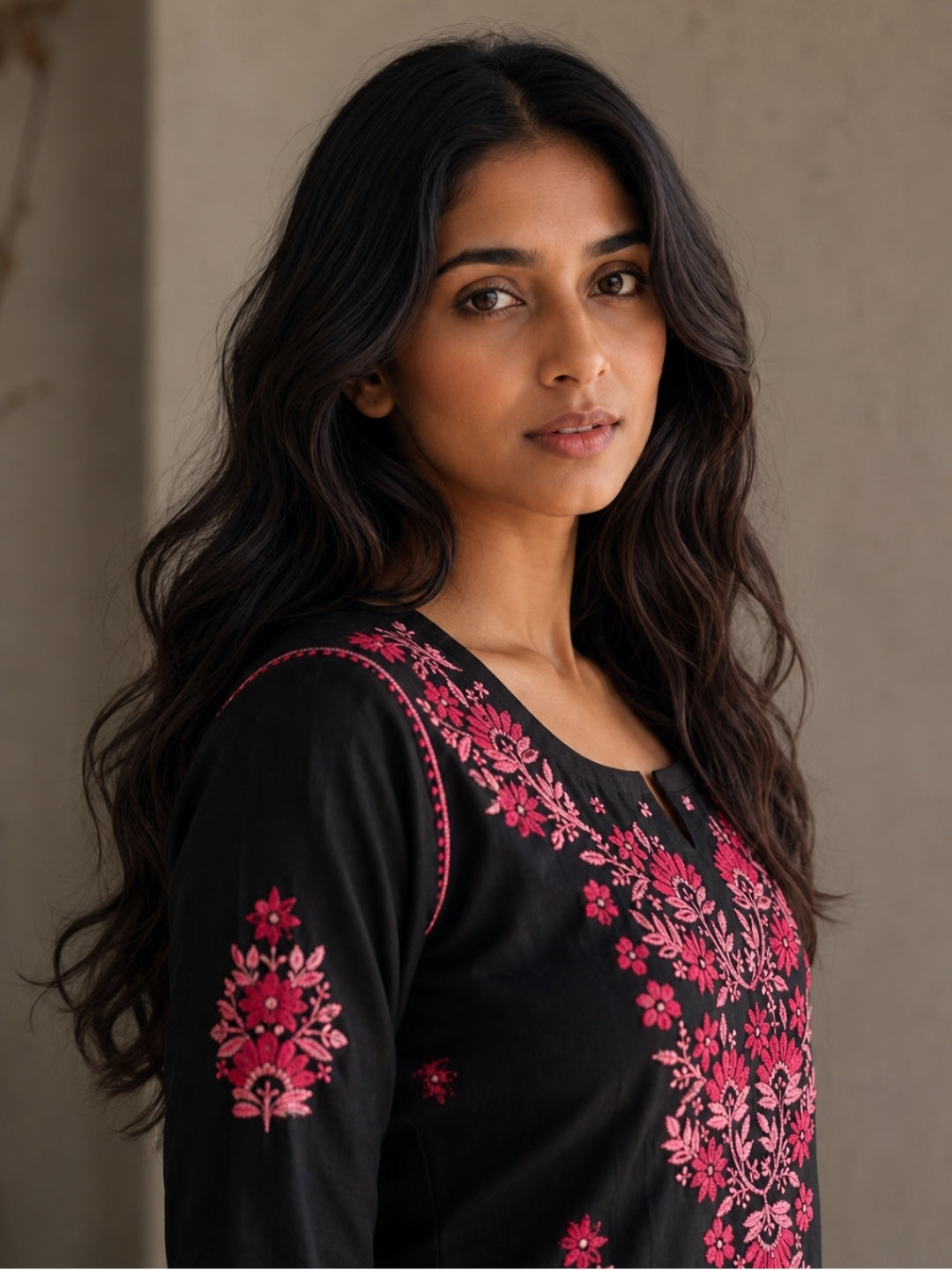 Rayon Chikankari Solid Women's Short Kurta - Black/Pink