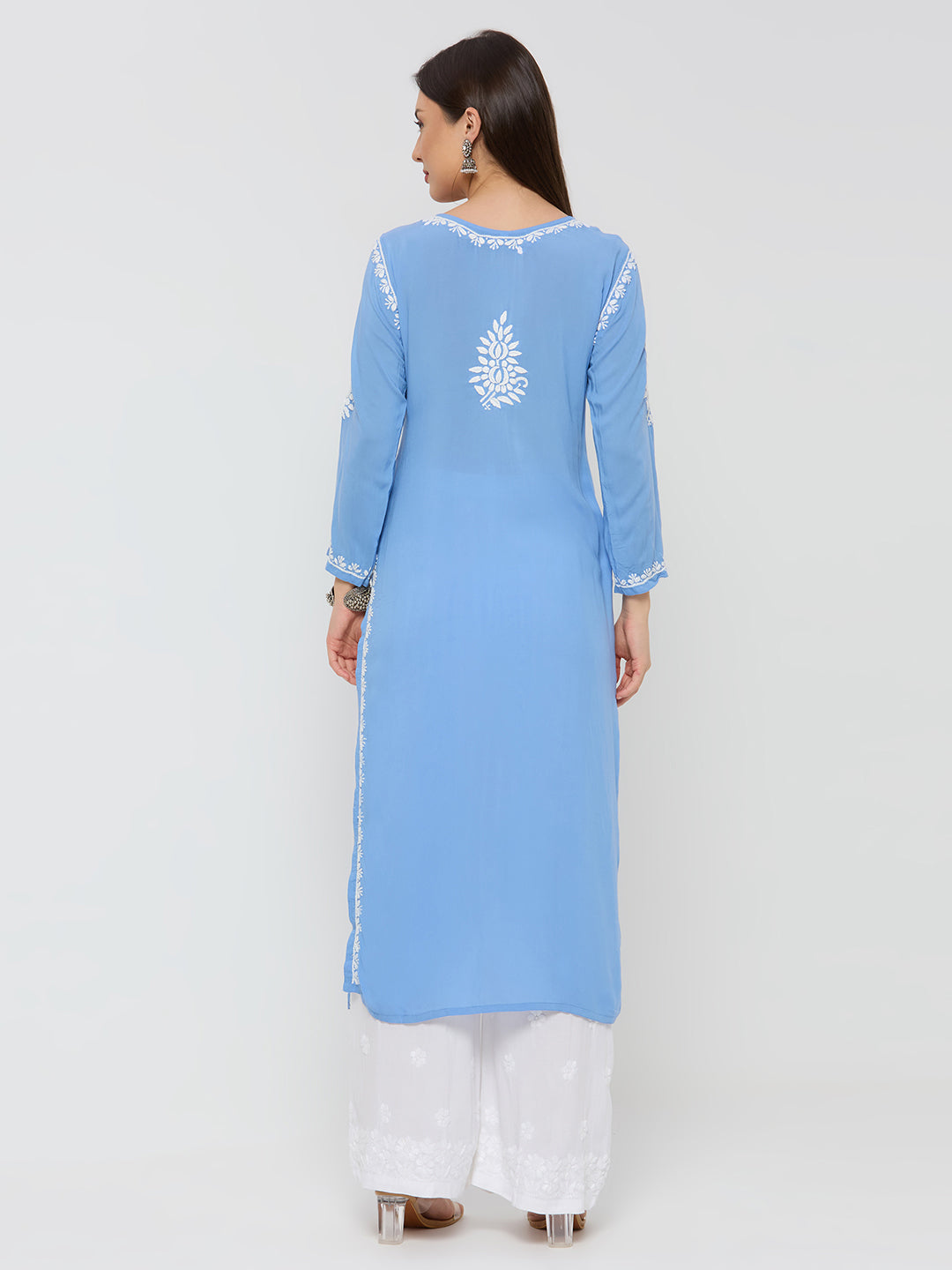 Modal Chikankari Solid Women's Long Kurta - Blue
