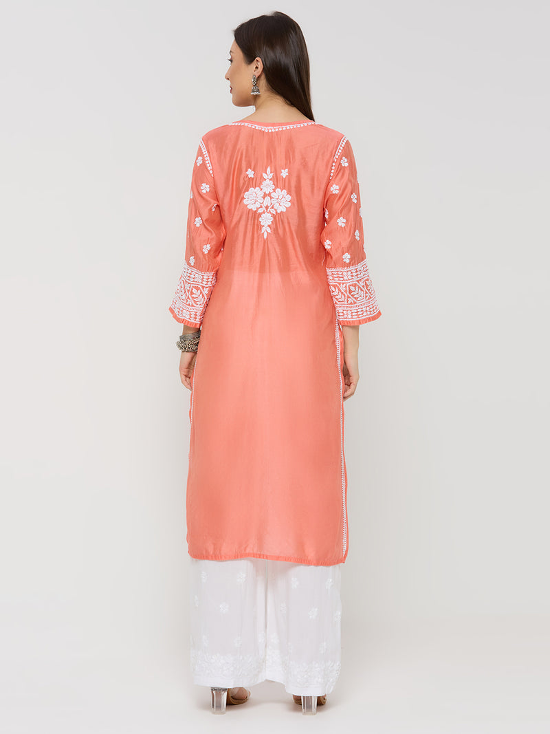 Chanderi Chikankari Solid Women's Long Kurta - Peach