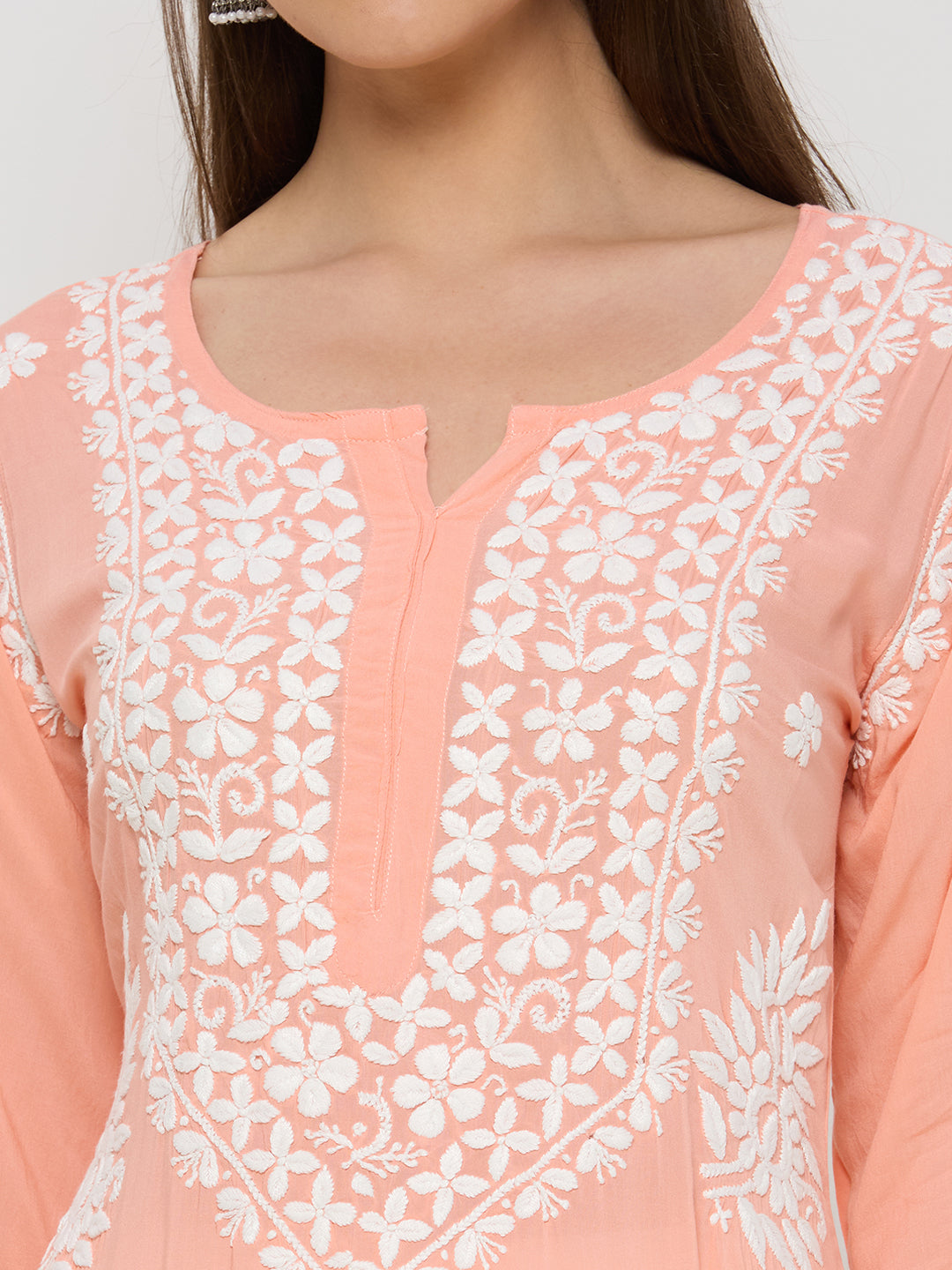 Modal Chikankari Solid Women's Long Kurta - Peach