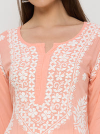 Modal Chikankari Solid Women's Long Kurta - Peach