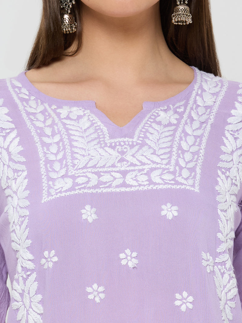 Rayon Chikankari Solid Women's Short Kurta - Lavender
