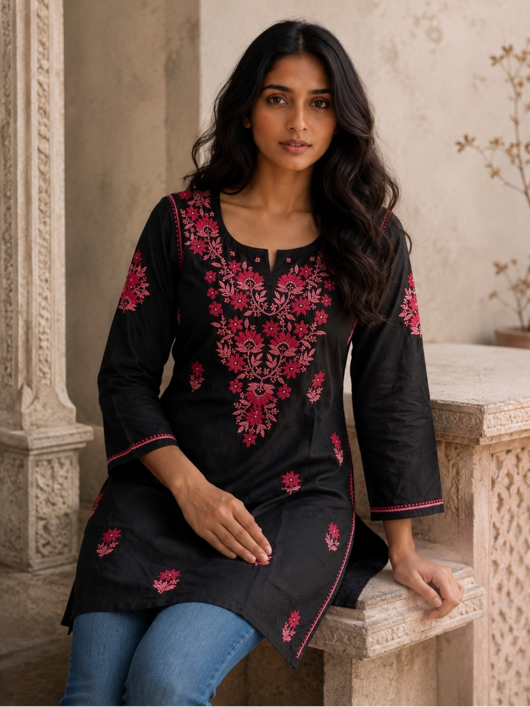 Rayon Chikankari Solid Women's Short Kurta - Black/Pink