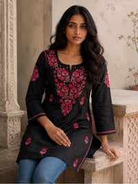 Rayon Chikankari Solid Women's Short Kurta - Black/Pink