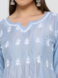 Chanderi Chikankari Solid Women's Short Kurta - Blue