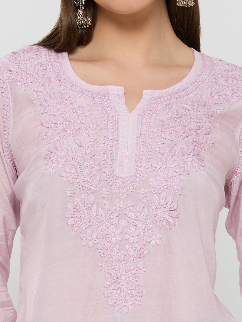 Chanderi Chikankari Solid Women's short- Kurta-Mauve Pink
