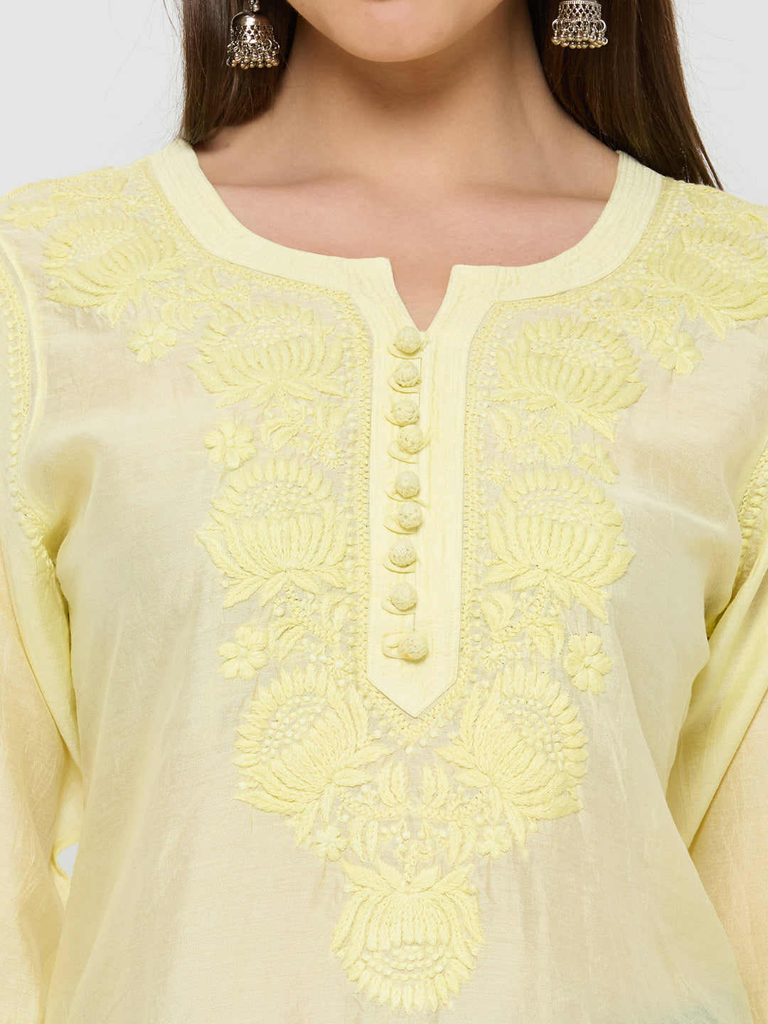 Chanderi Chikankari Solid Women's Short Kurta