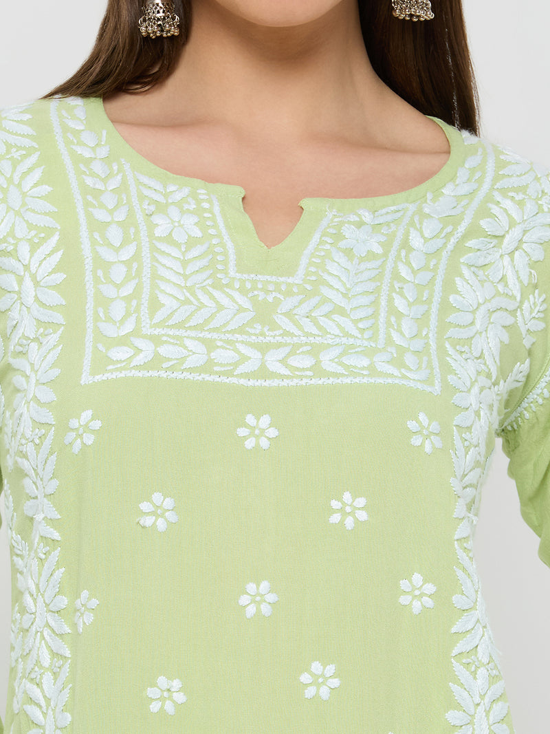 Rayon Chikankari Solid Women's Short Kurta - Green