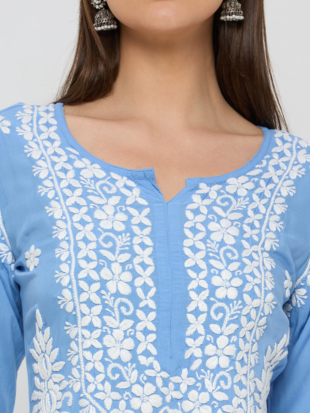 Modal Chikankari Solid Women's Long Kurta - Blue