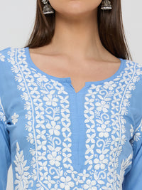 Modal Chikankari Solid Women's Long Kurta - Blue