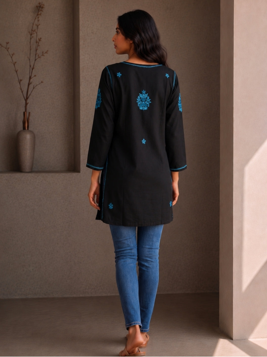 Rayon Chikankari Solid Women's Short Kurta - Black/Blue